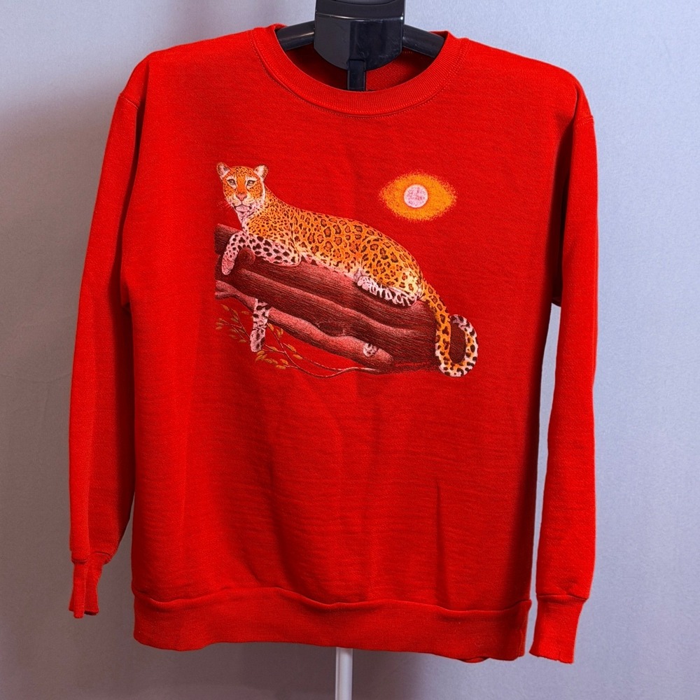 Vintage Jaguar Sun Sweatshirt Mens ApxLarge Red Graphic Crewneck Cat Wildlife